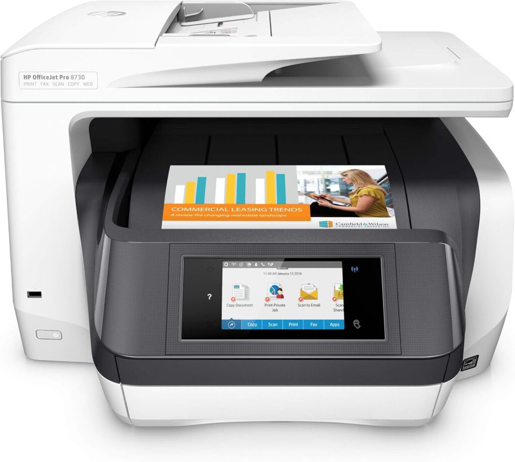 HP OfficeJet Pro 8730 Multifunktionsdrucker mit Druck-, Scan-, Kopier- und Faxfunktionen, WLAN und AirPrint-Unterstützung.